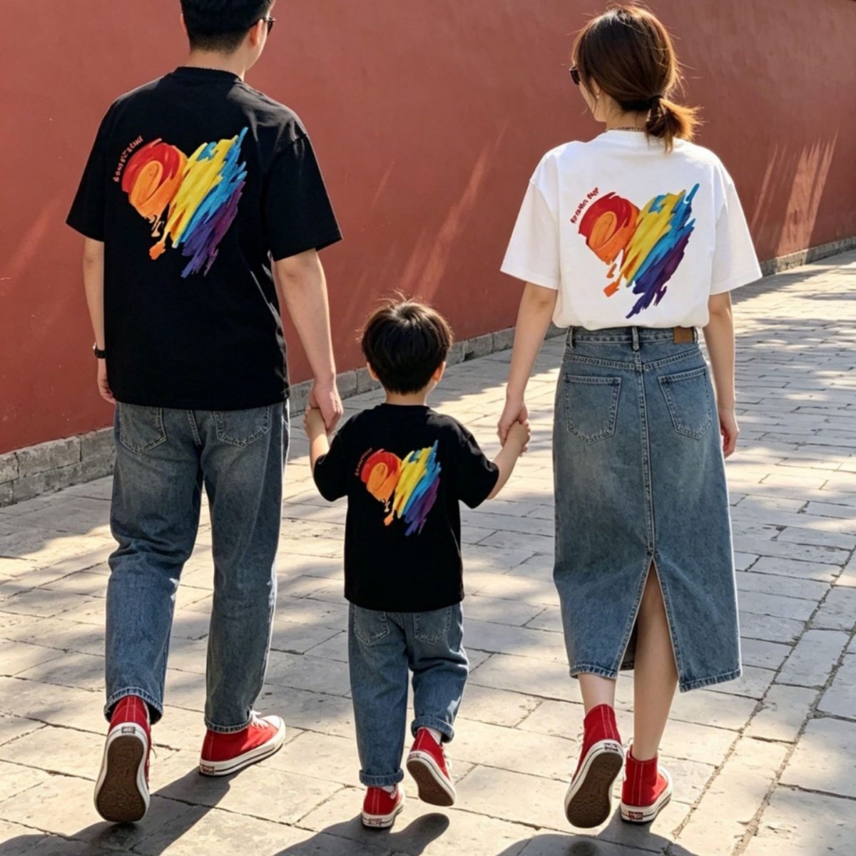 親子ペアルック レインボーペイントハートTシャツ